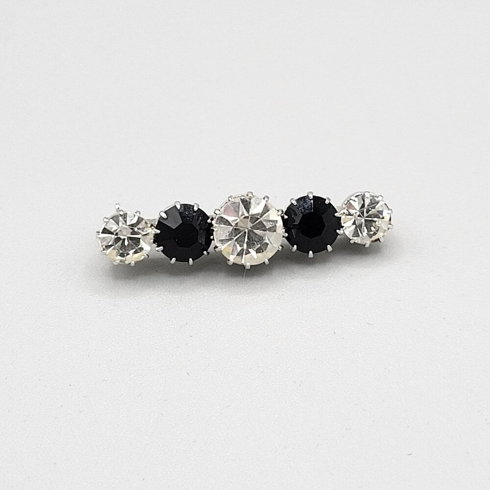 Vintage Bar Brooch With Black and White Crystals Prong Set Silver Tone 2" Length